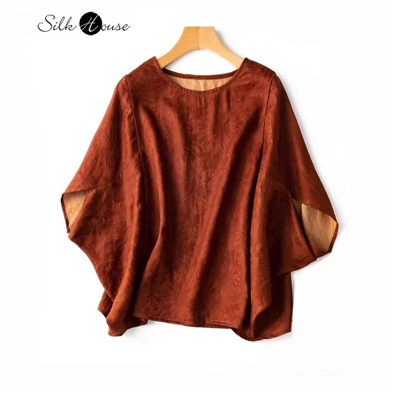 Rare Red Cloud Yarn Designer's Batwing Sleeve 100% Natural Mulberry Silk Fragrant Cloud Yarn Loose Women's Fashion T-shirt