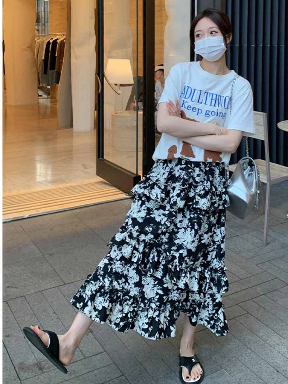 صيف جديد الشيفون نصف طول التنانير للإناث مرونة الخصر خمر الأزهار المطبوعة ألف خط فلوي شارع العليا موضة فيستدوس #3