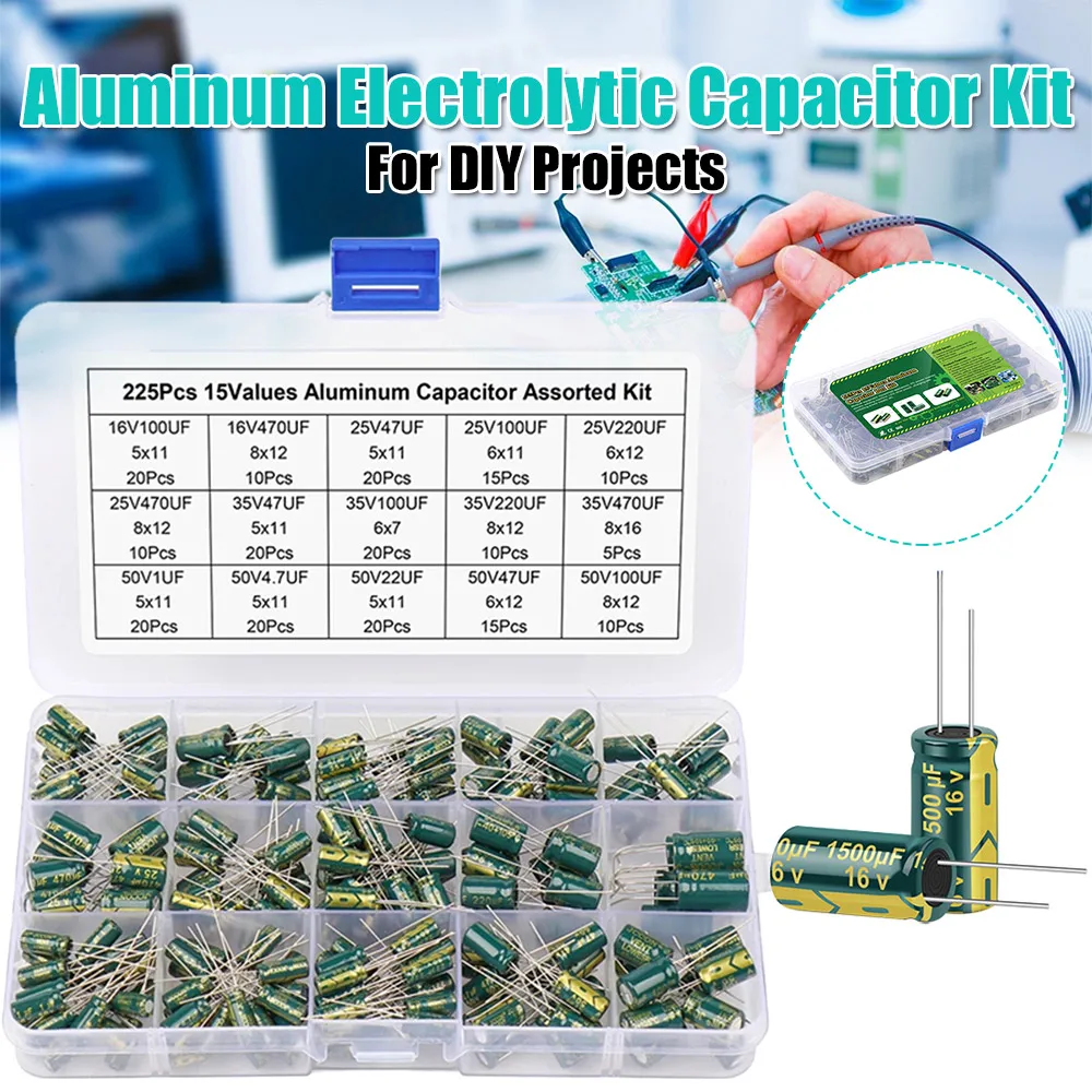 

Набор алюминиевых электролитических конденсаторов 225 шт. (15/24/36 номиналов), высокочастотные, с низким ESR, 16В-50В, для DIY проектов