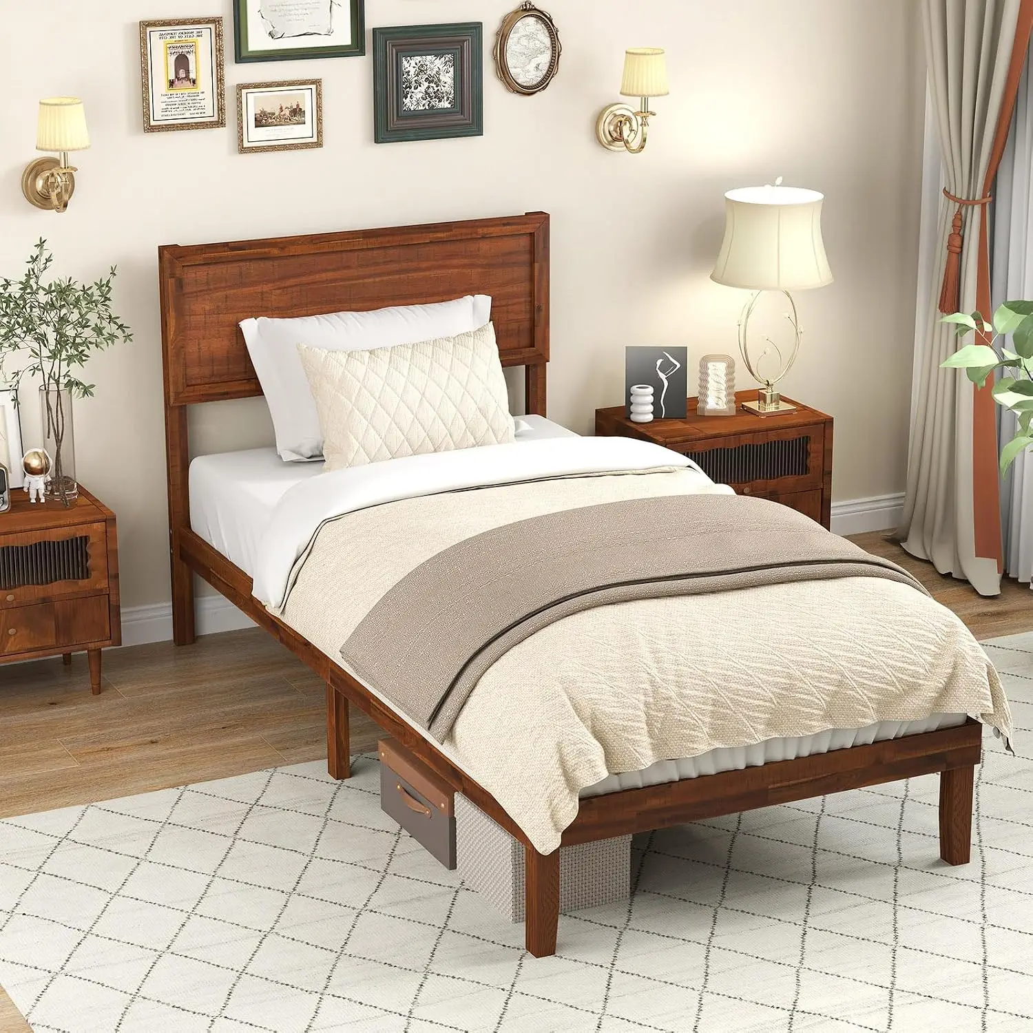 Twin Size Wood Bed Frame with Headboard, Solid Acacia Platform with Slats, Under-Bed Storage, No Box Spring Needed, Customized