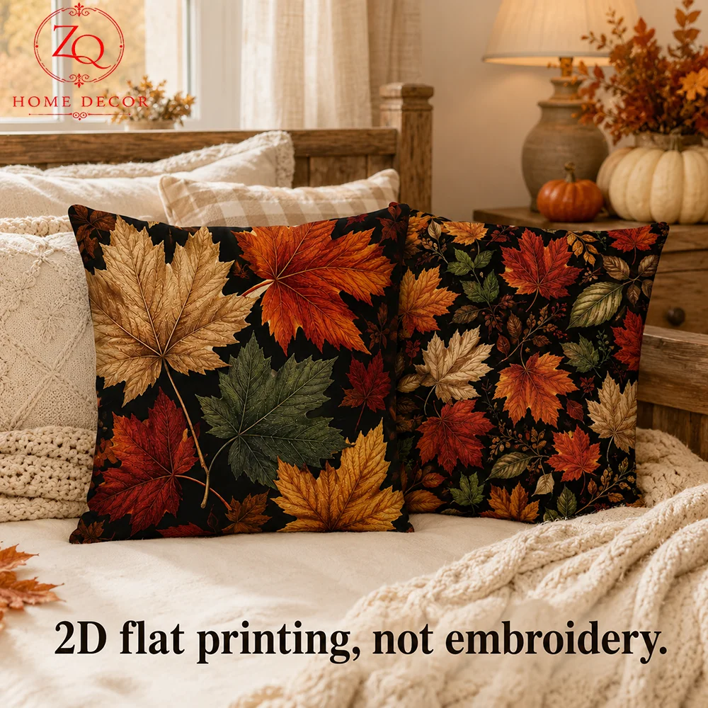 Cozy Autumn Maple Leaf Coussin 2Pcs Peach Skin 2D Flat Printed Cushion Covers Room Decor Pillowcase For Bed