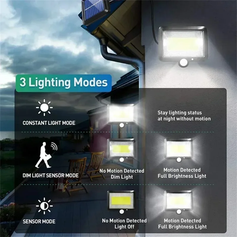 COB LED Solar Powered Light Sensor de movimento PIR ao ar livre Luz solar impermeável Wall Emergency Lâmpada de segurança de rua para jardim