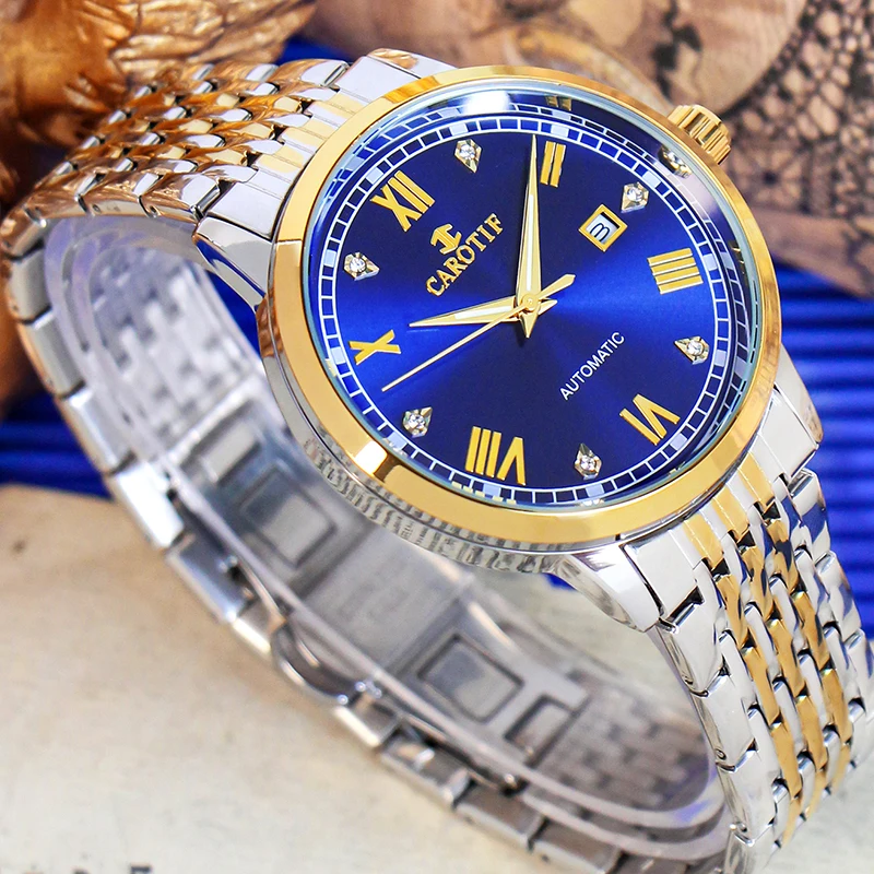 ساعة كاجوال للرجال بحزام فولاذي أزرق بلونين على الطراز الرياضي مع قرص دائري وحركة ميكانيكية أوتوماتيكية بالكامل #4