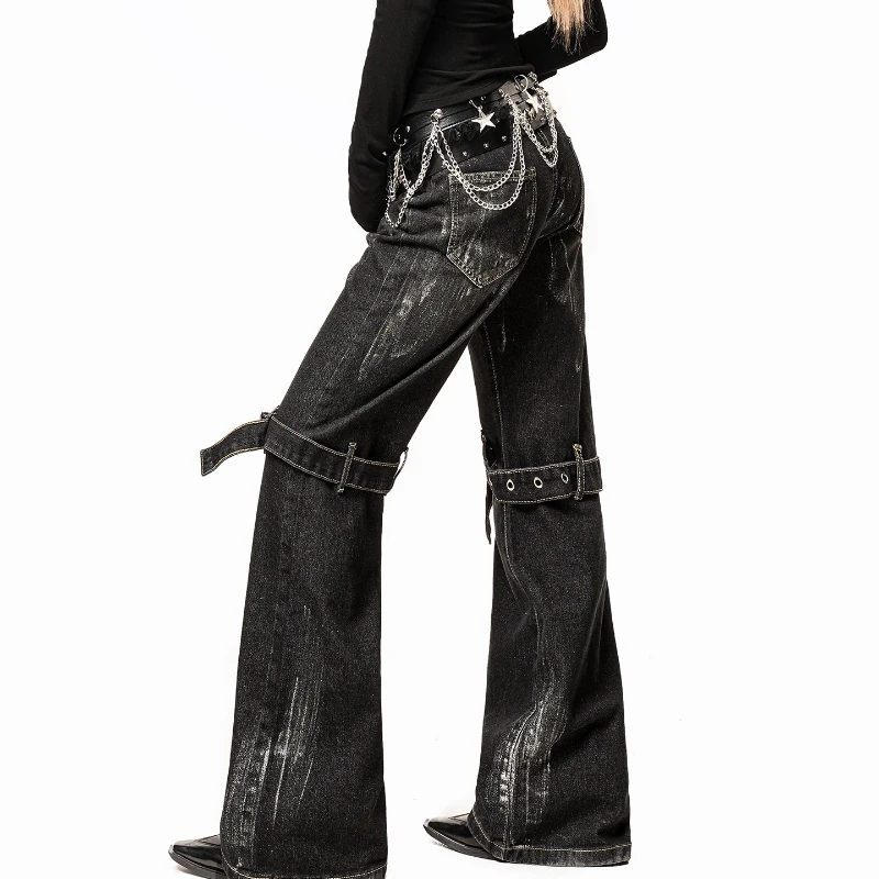 American Retro Design Women's Jeans 2025 Autumn New Subculture Punk Style Sweet Cool Hot Girl Wide-Leg Floor-Length Pants Ladies