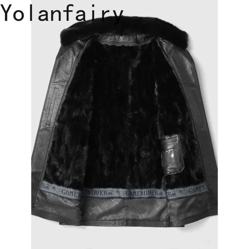 YOLANFAIRY 100% Goatskin Genuine Leather Jacket Men Mid-length Real Fur Coat Winter Detachable Mink Fur Liner Coats Warm шуба