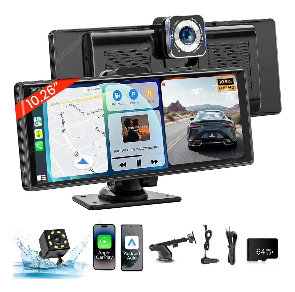 10.26'' Upgraded Dual-camera Wireless Car Display, Car Audio, HD Touch Screen, Reversing Image, Driving Recorder, GPS Navigation