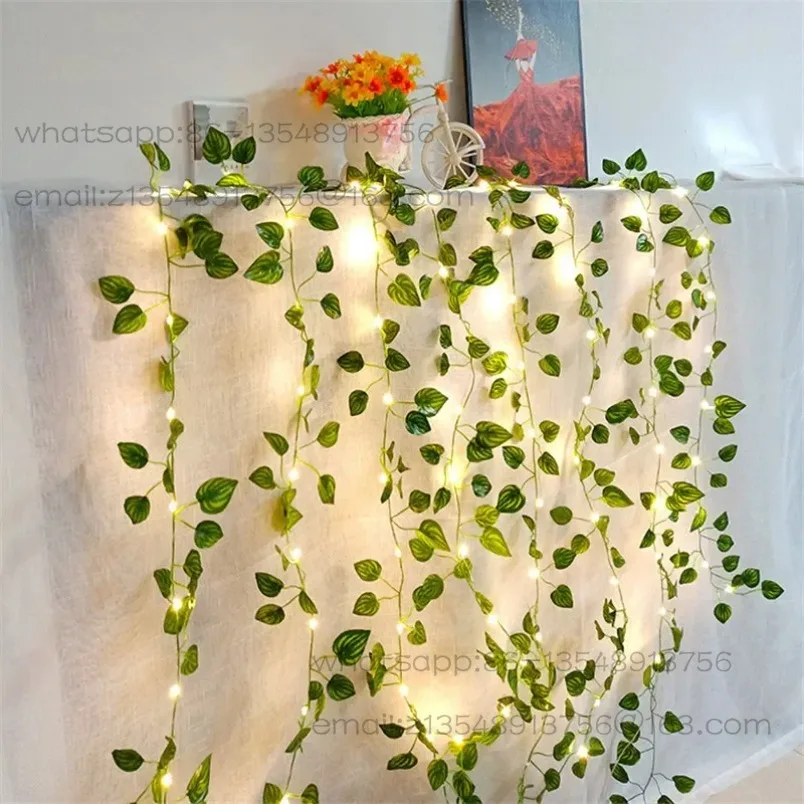 Outdoor Waterproof LED Solar Light String Simulated Green Leaf Rattan Copper Wire Lighting In Stock