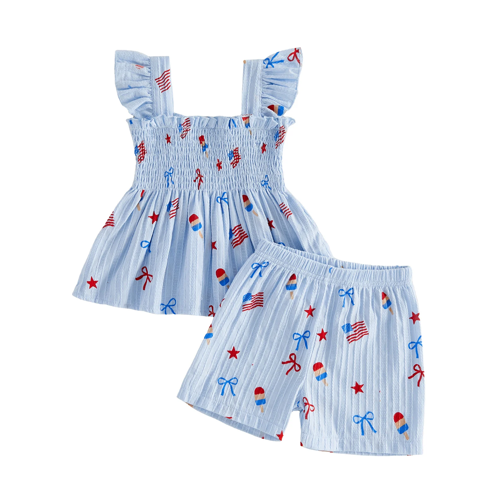 Little Girls 4th of July Stripe Outfits Adorable Bow American Flag Print Flying Sleeve Square Neck Tops and Shorts Set