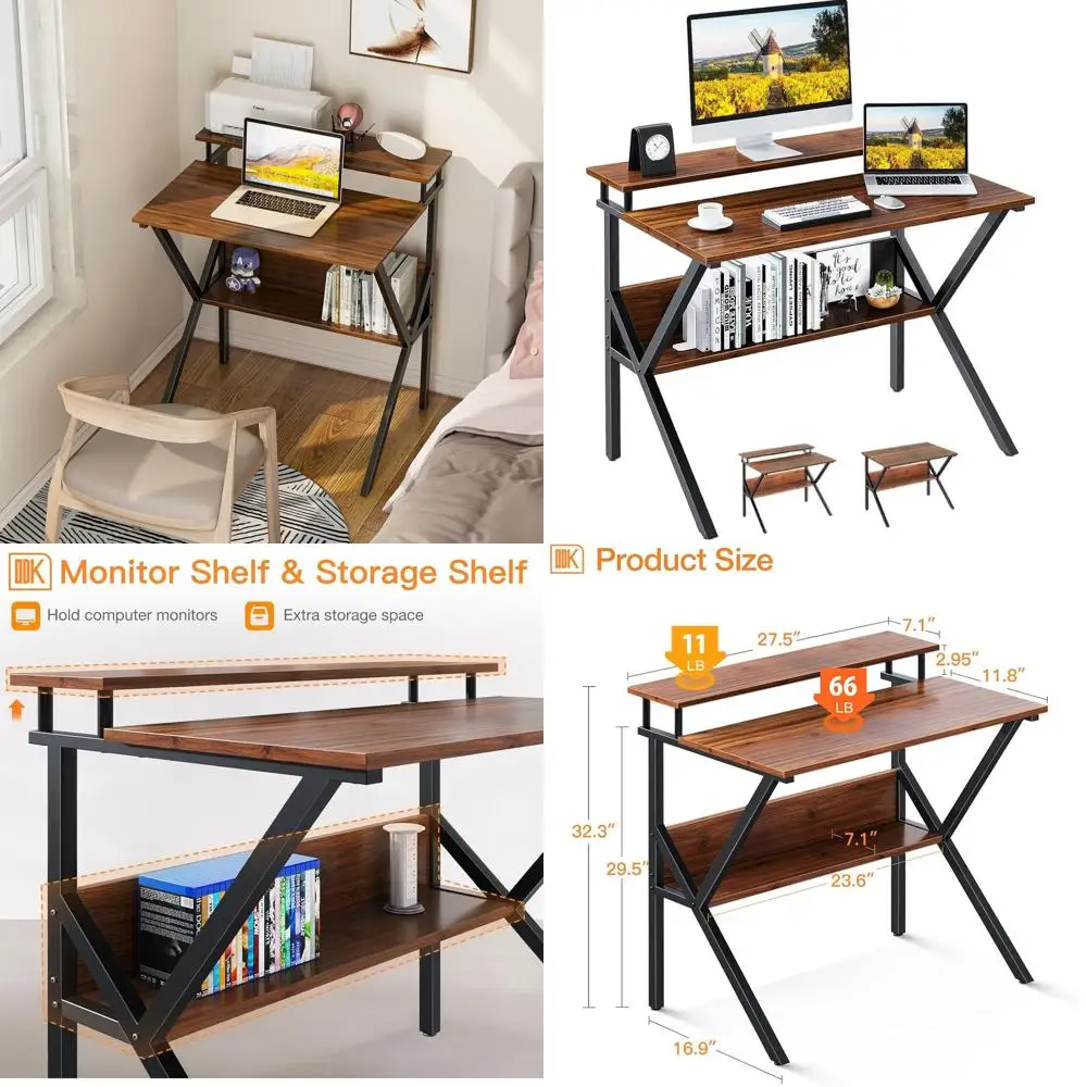 مكتب مدمج 27.5 للأطفال مع مساحة تخزين وطاولة دراسة وحامل شاشة، مثالي للتعليم المنزلي، بني داكن