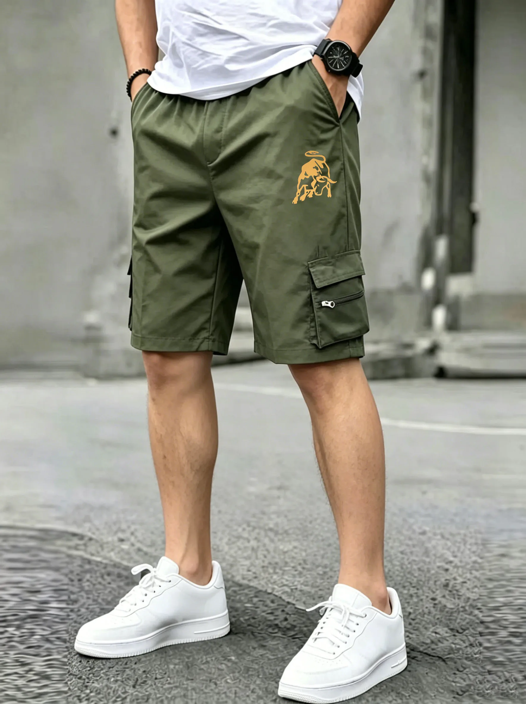Printed Cargo Shorts, Summer Workwear, Camping Shorts with Multiple Pockets, Streetwear, Car Logo Printed Outdoor Workwear