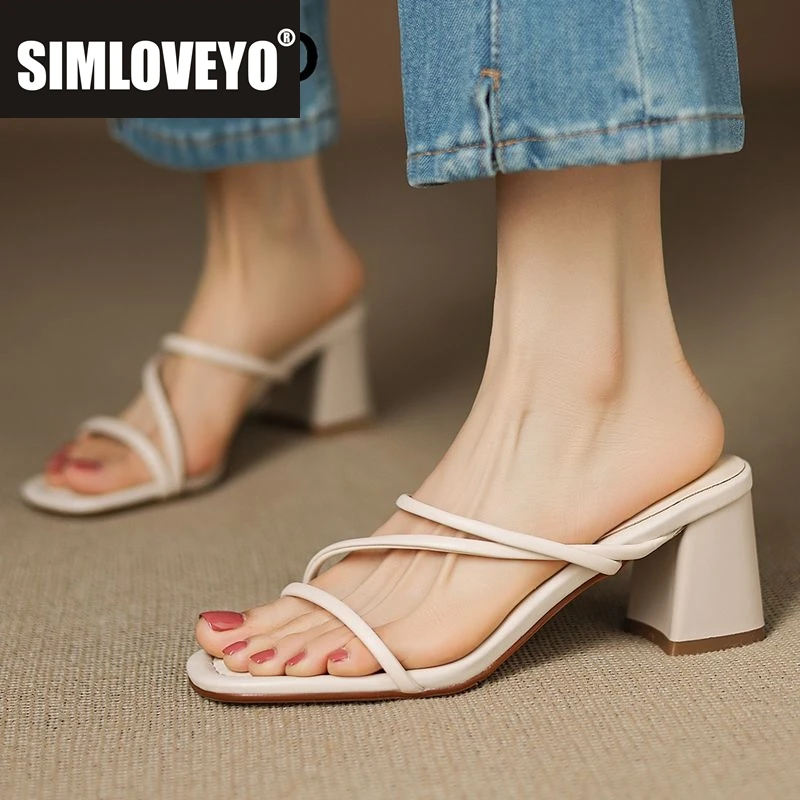 SIMLOVEYO Soft Sheepskin Womens Slide Mules Square Tip Thick Tall Raise 6cm Slide On Soft Chic Ladies Footwear Extended Fit 40