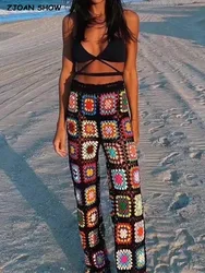 Pantalones bohemios a cuadros para mujer, pantalón de ganchillo a mano, con cordones ajustables, para vacaciones en la playa, 2022