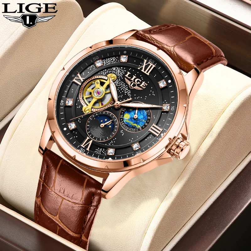 

LIGE модные роскошные механические мужские часы деловые повседневные спортивные военные часы с фазой Луны кожаные водонепроницаемые часы с автоматическим механизмом