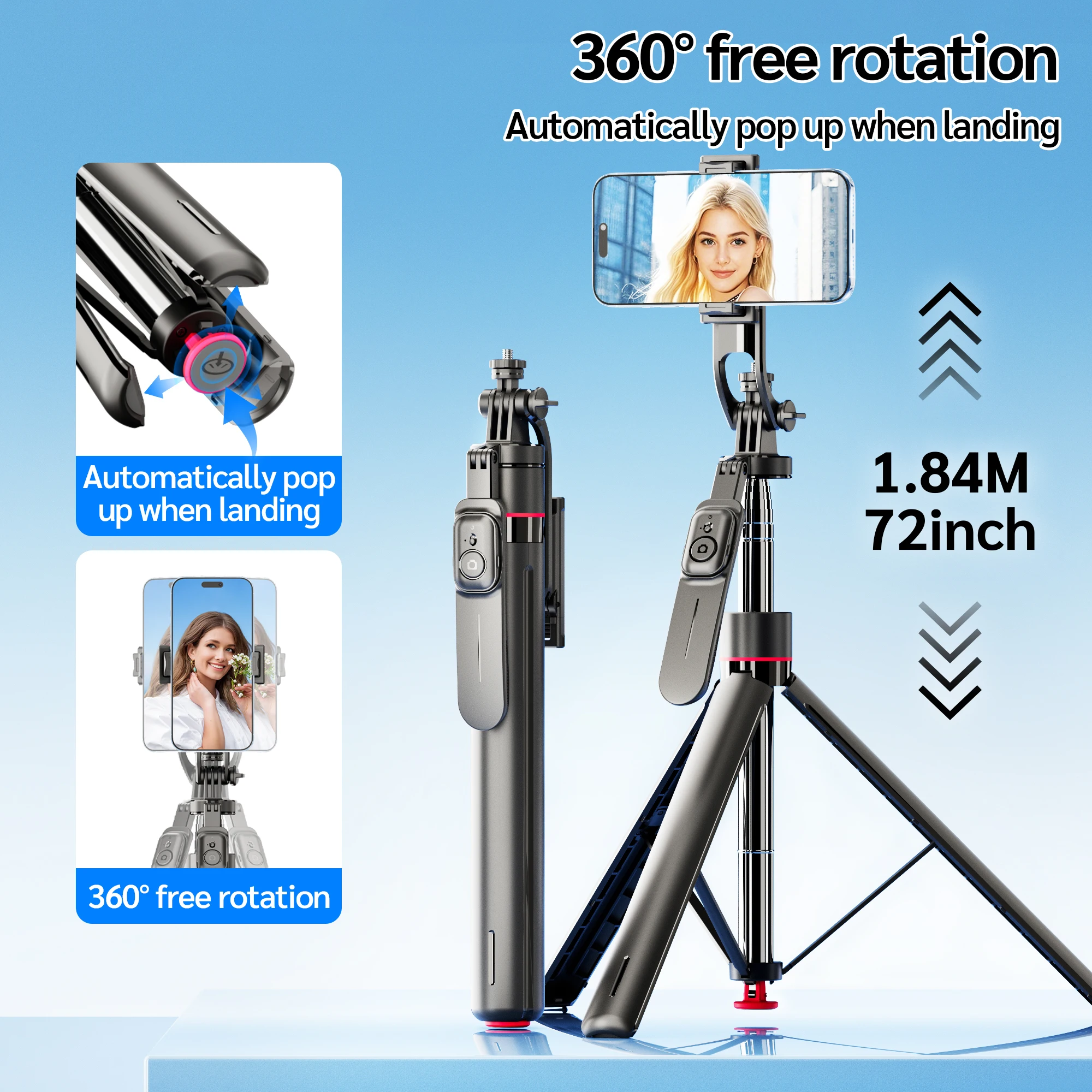 TT05 175 cm Auto Pop Open Statief Telescopische Selfie Stick Bluetooth Afstandsbediening 1/4 ''Schroef 360 °   Telefoonhouder draaien voor vlog/video