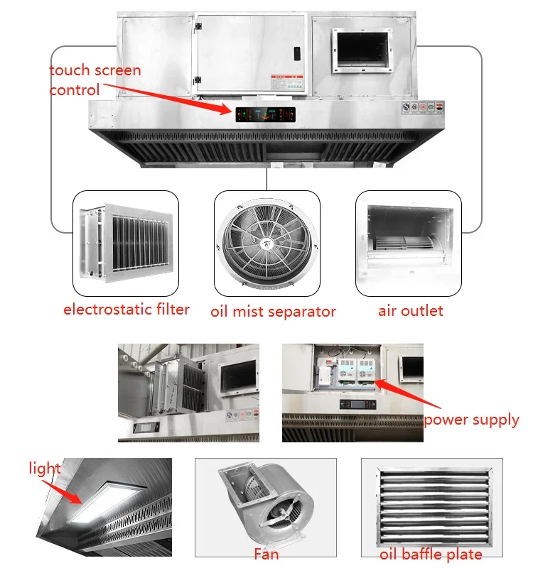 Extractor de aire para cocina de restaurante r con filtro electrostático, eliminación de humo de cocina, olor a grasa, campana extractora comercial