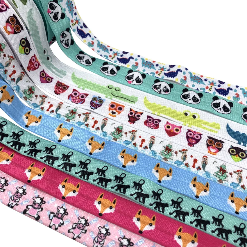 10Y 67 Animals Printed Fold Over Elastic Fox Cow Panda Bee Owl Elephant Hedgehog FOE Elastic Hair Band DIY Headwear Craft Ribbon