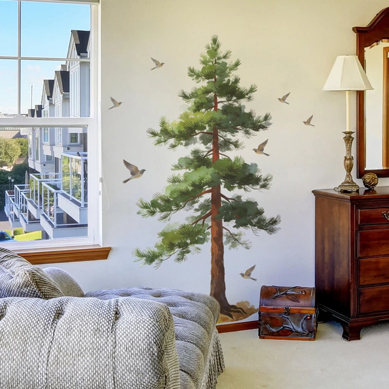 Lifelike Bigger Evergreen Pine Tree Flying Birds Vinyl Wall Stickers Removable for Cozy Aesthetic Rooms Greenery Home Decoration