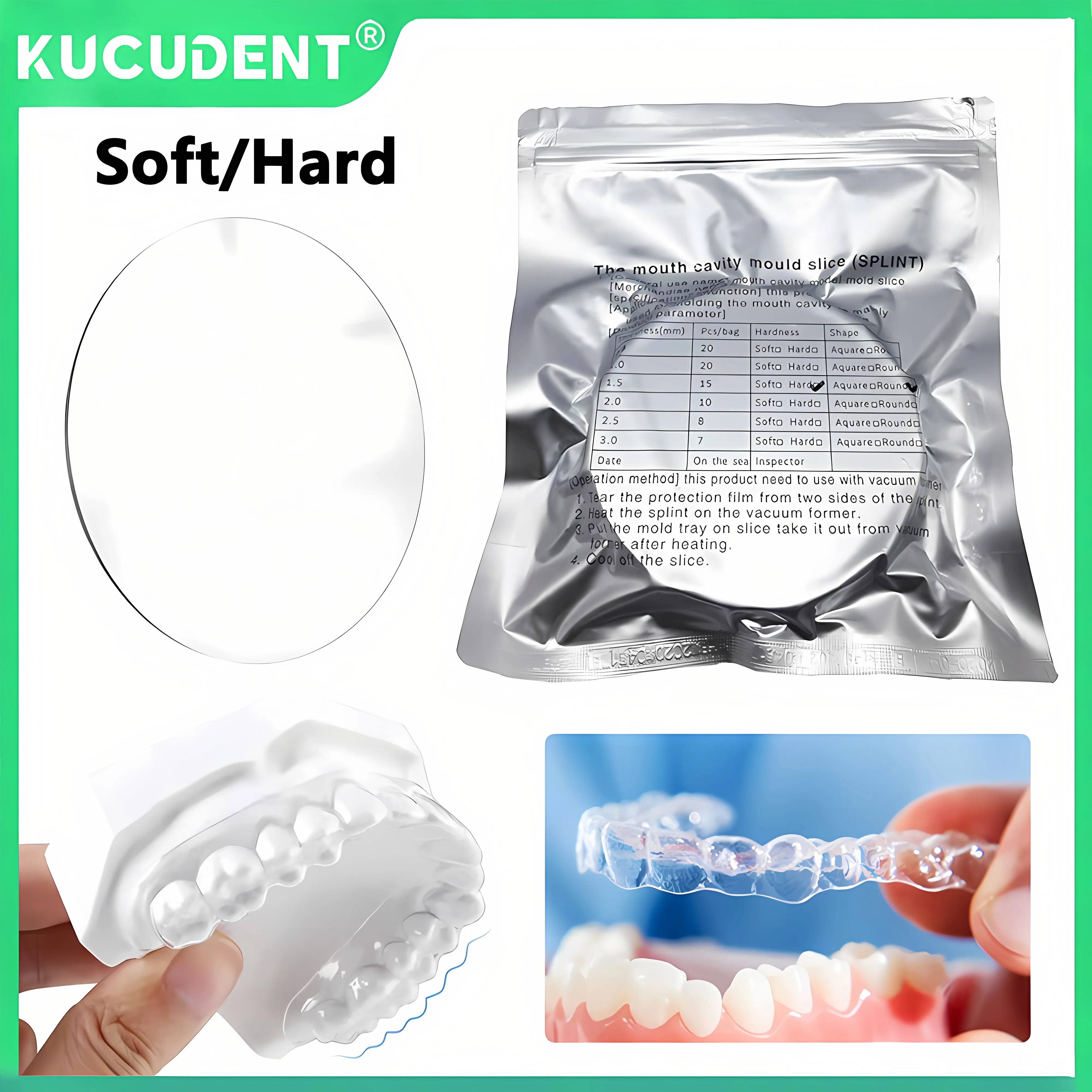 

Материал фиксатора зубной шины Мягкие/жесткие вакуумные формовочные листы 0,8-2,0 мм круглой формы для термоформования рта, ломтик формы