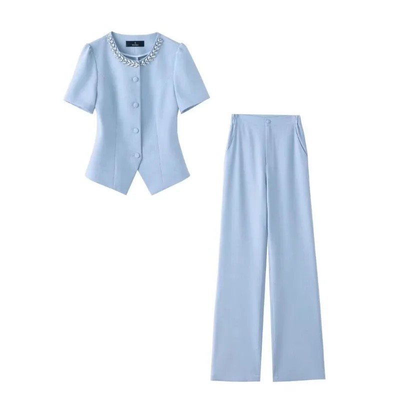 

New Fashion Summer Women's Suit High End Diamond Collar Puff Short Sleeve Slim Shirt Top + Straight Pants Elegant OL 2 Piece Set