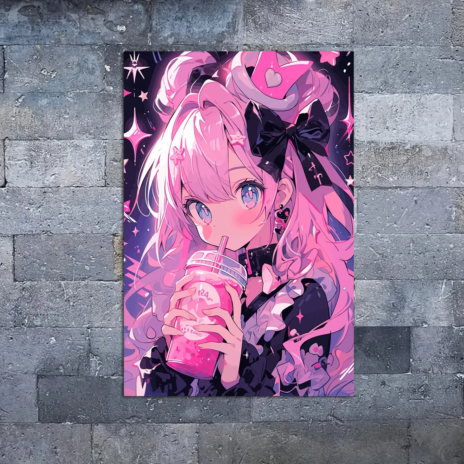 Gothic Pink Girl Tapestry Magical Girl Style Wall Decor Cute Anime Character with Drink Pastel Goth Art Polyester Multiple Sizes