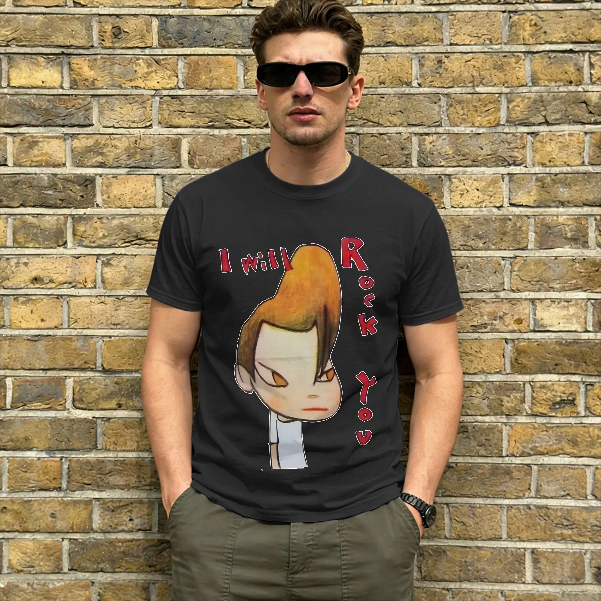 Yoshitomos Nara T Shirts Men 100% Cotton Vintage T-Shirts Round Neck I Will Rock You Tees Short Sleeve Tops Gift Idea