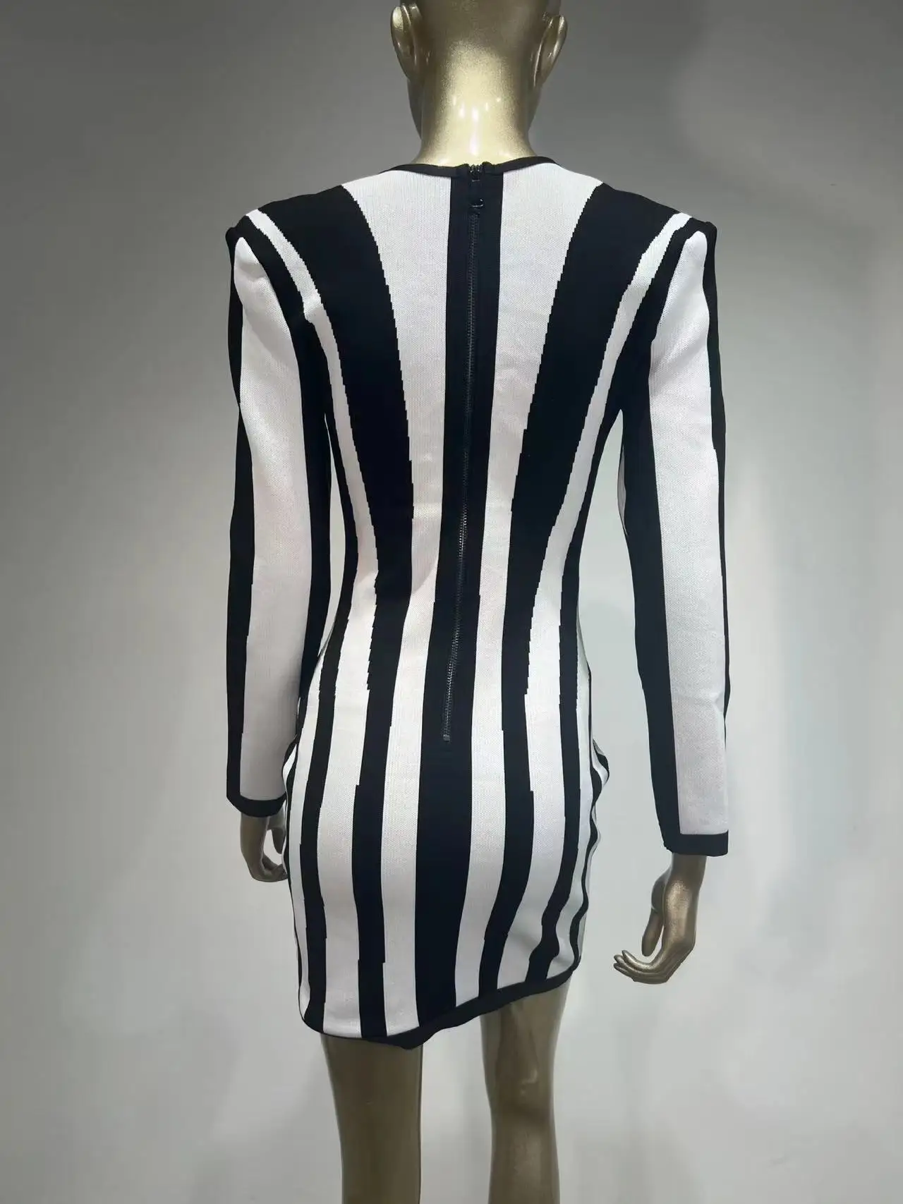 Sexy Black White Striped Patchwork Long Sleeve Mini Prom Bodycon Bandage Dress Celebrity Evening Runway Cocktail Party Dress