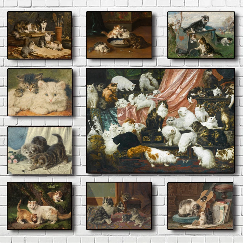 Peinture à l'huile abstraite rétro, chat mignon et amusant jouant et faisant du malaise, affiche sur toile, impressions d'art, décoration murale pour la maison, cadeau