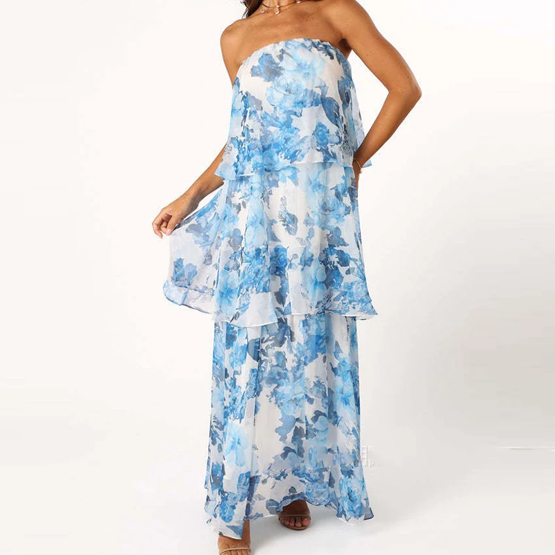 Sexy peito envolvendo vestido de banquete verão novo fora do ombro sem mangas em camadas vestido moda floral impresso babados vestido de noite