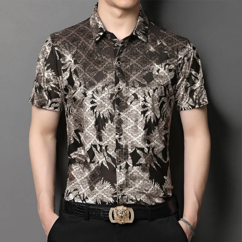 

Summer Luxury Retro Printed Velvet Shirts For Mens Blouse Large Sizes Senior Fashion Man Clothes Husband Gents Casual Shirts New