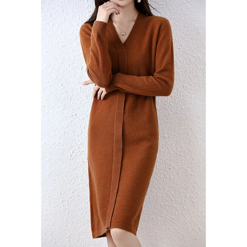 New Ladies Cashmere Dress V Neck Long Sleeve Knit Fashion Elegant Long Sweater Solid Color Pullover Women 100% Wool Dress