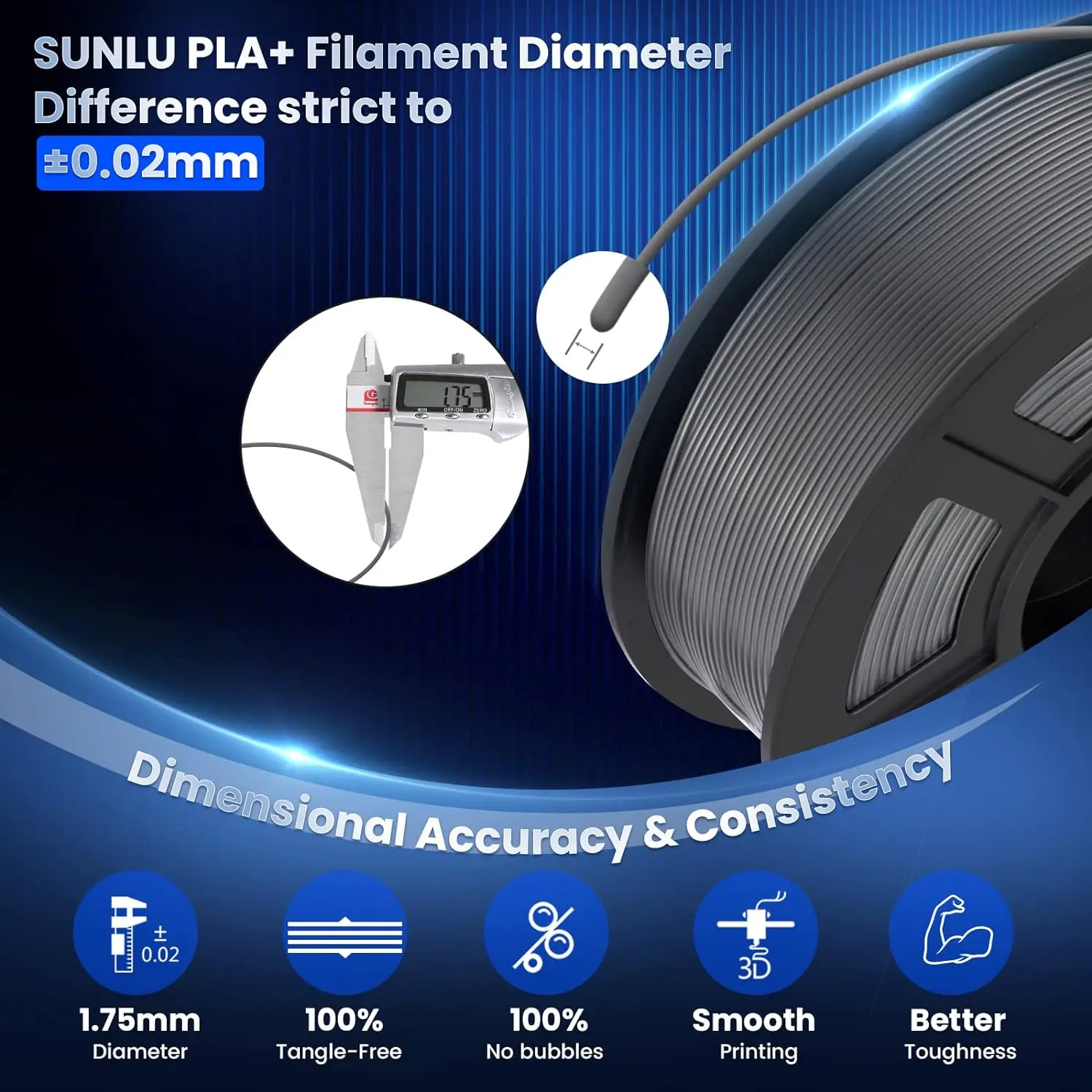 SUNLU 5KG PLAPLUS Filament 1.75MM Neatly Arranged No Knots No Bubble Eco-Friendly Non-Toxic Odorless Bright Color Good Toughness