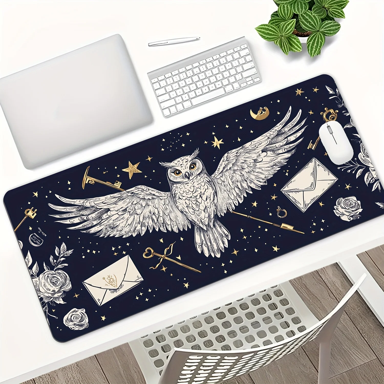 

1Pc Whimsy Wings Owl Mouse Mat, Large Retractable Table Mat, Rug with Rubber Non-Slip Base, Watercolor Floral and Fruit Design