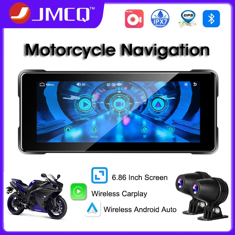 JMCQ 6.86'' Motorcycle Navigation GPS Wireless Carplay Android Auto IPX7 Waterproof Portable Motorcycle DVR Touch Screen Display