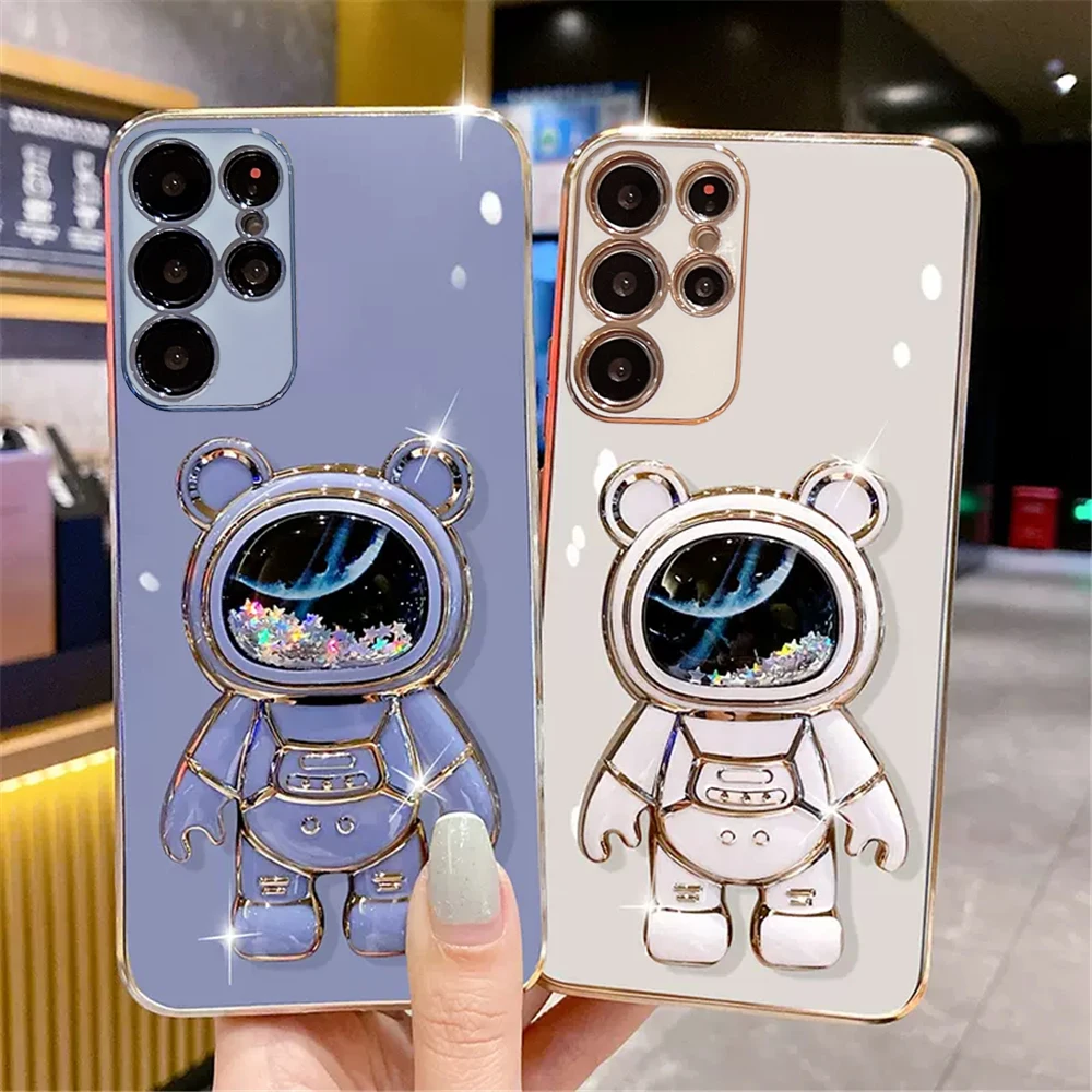 Shiny Glitter Quicksand Astronaut Phone Case For Samsung S20 FE S21 Plus S22 Ultra Note 20 S23 S24 Plating Stand Holder Cover