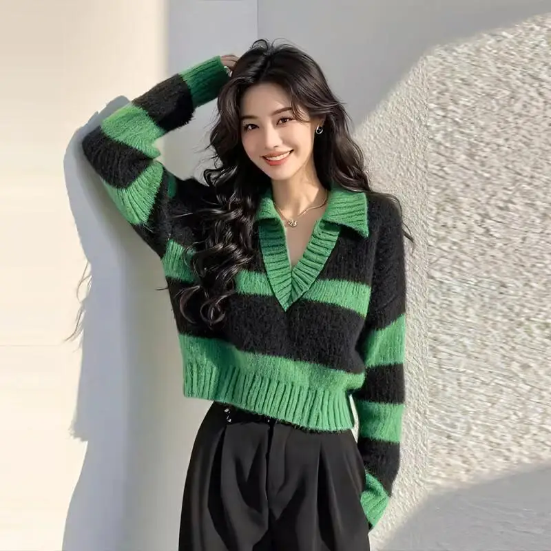 

unique pretty super good-looking sweater Women's black green color blocking loose stripe knit tops suit solid top fashionable