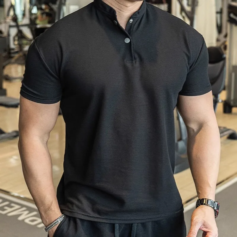 Summer Waffle Henley Ice Silk Cooling British Slim Short Sleeve T-Shirt Men's Business Casual Top