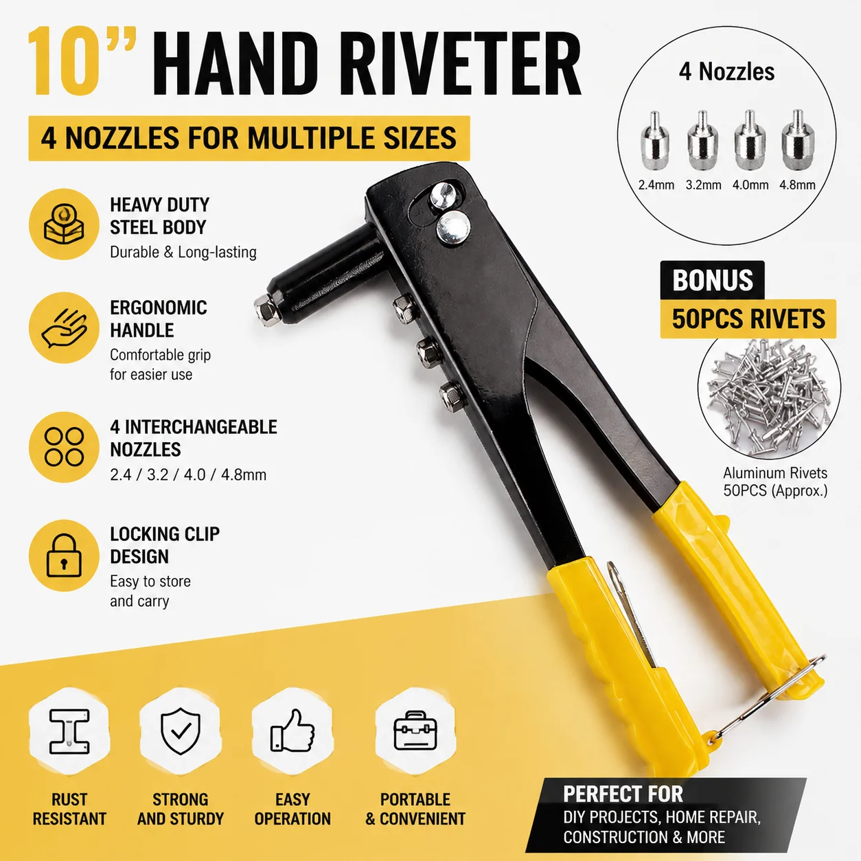 10inch heavy duty pop rivet gun set with 50pcs blind rivets, hand riveter tool assortment kit