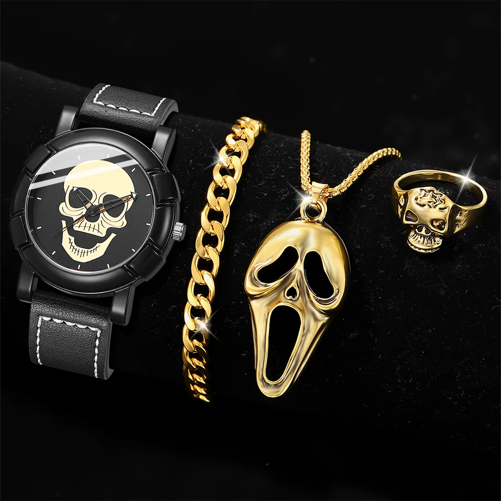 4 unids/set reloj de hombre tendencia de moda elementos de Halloween esfera redonda reloj de cuarzo pulsera collar anillo conjunto perfecto regalo de vacaciones
