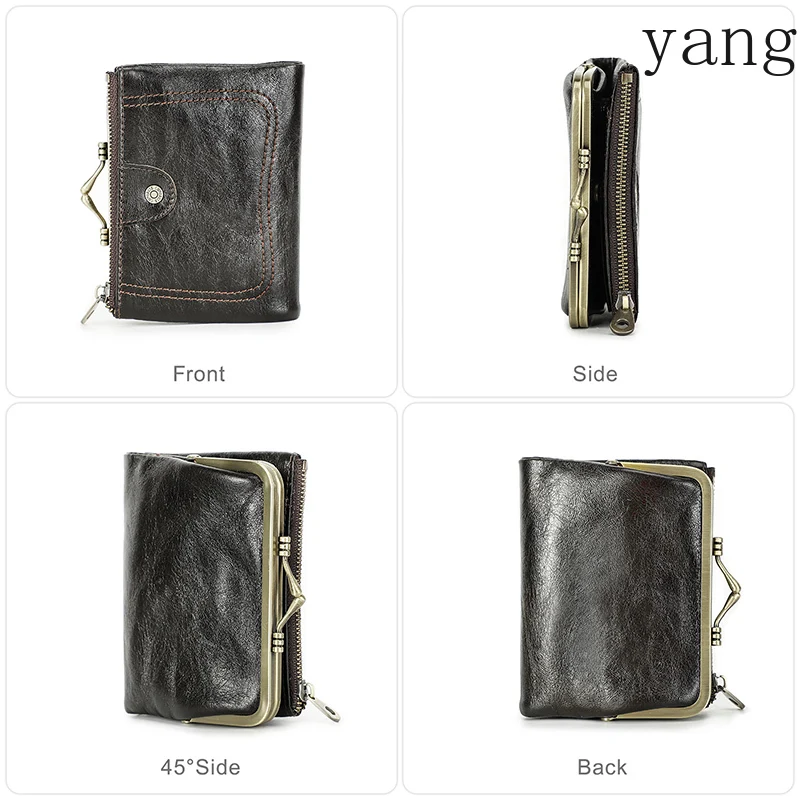 Genuine Leather Wallet Women Small Metal Frame Purse Ladies Hasp and Zipper Coin Pocket Credit Card Holder