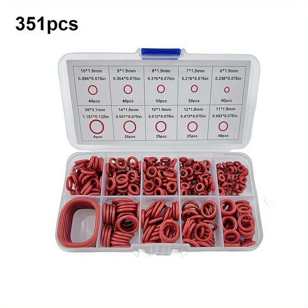 351Pcs Red Silicone Rubber O Rings Metric Imperial Sizes Oil Resistant Sealing Gaskets VMQ O-Ring Kit for Auto Repair