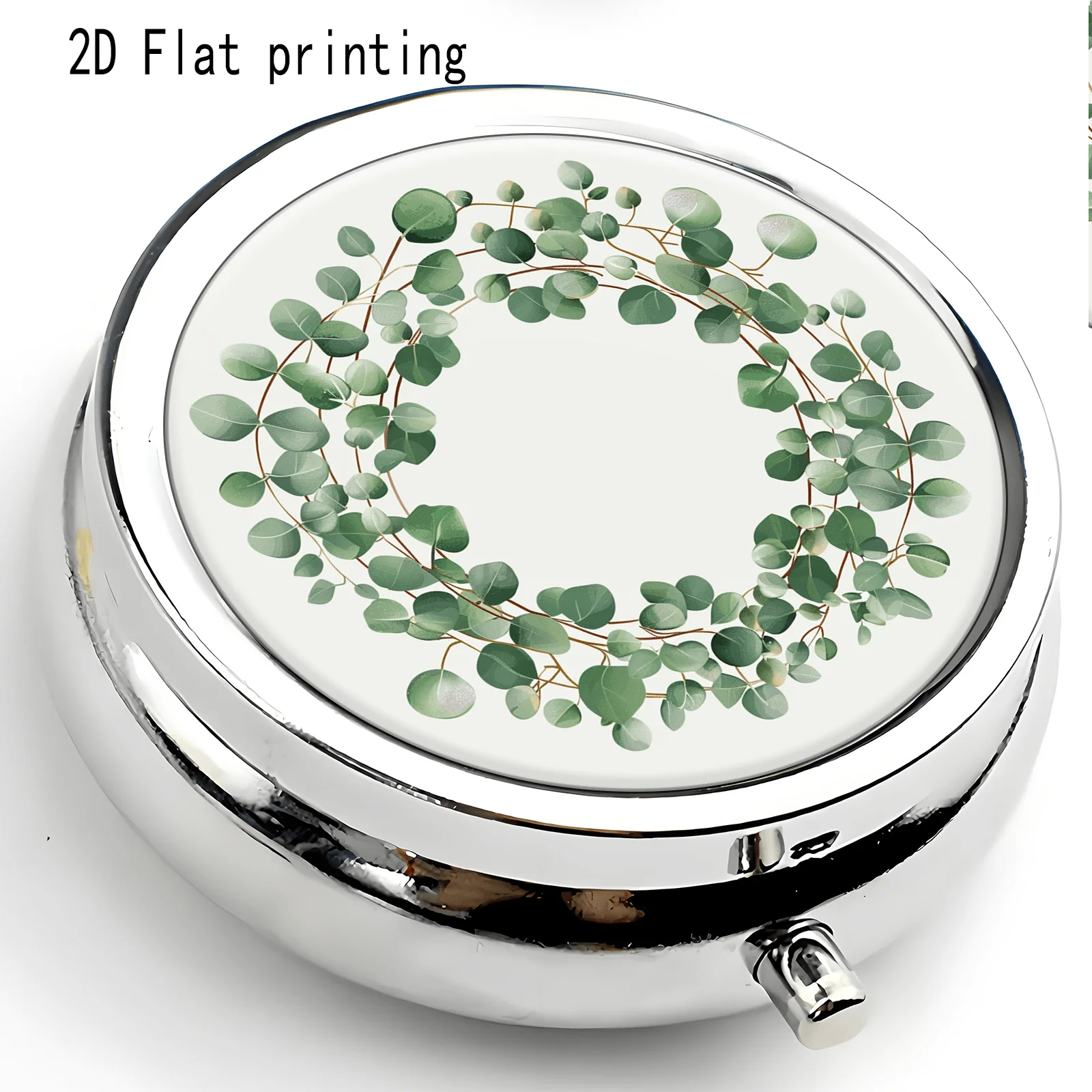 1 Piece, Flat Print, Eucalyptus Leaf Wreath, Round Three-Compartment Box, Portable Medicine Storage Box, Small Jewelry Storage Box, Suitable for Placing in Pockets, Handbags, or for Travel, a Refined Choice, Flat Metal Matchbox