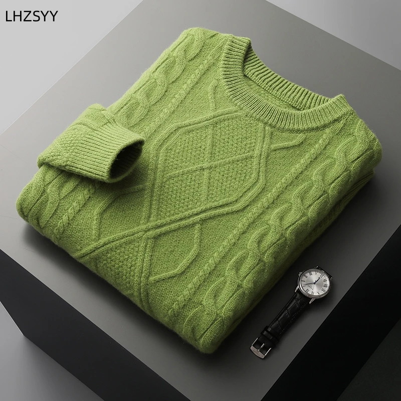 

LHZSYY Men's 100%Cashmere Sweater Winter New Thicken Pullovers O-Neck Jacquard Solid Base Shirt Warm Plus Size Knit Jackets Tops