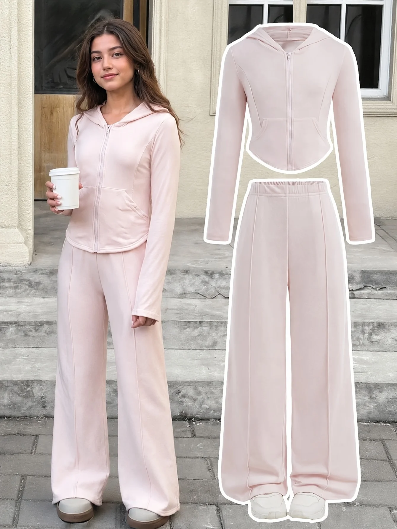 Girls' Autumn and Winter Outfit Set: Solid Pink Hoodie and Wide-Leg Pants Set, Casual Autumn Campus Daily Wear, Long-Sleeve Sports Set, Suitable for 12-16 Year Old Teenage Girls