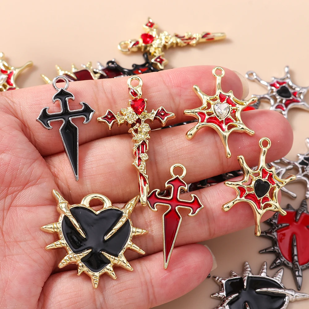 Leslie 5 Stück Retro Gothic Spinnennetz Herz Kreuz Charms für Schmuckherstellung Metall Steampunk Herz Anhänger DIY Ohrringe Halsketten – Detail 2