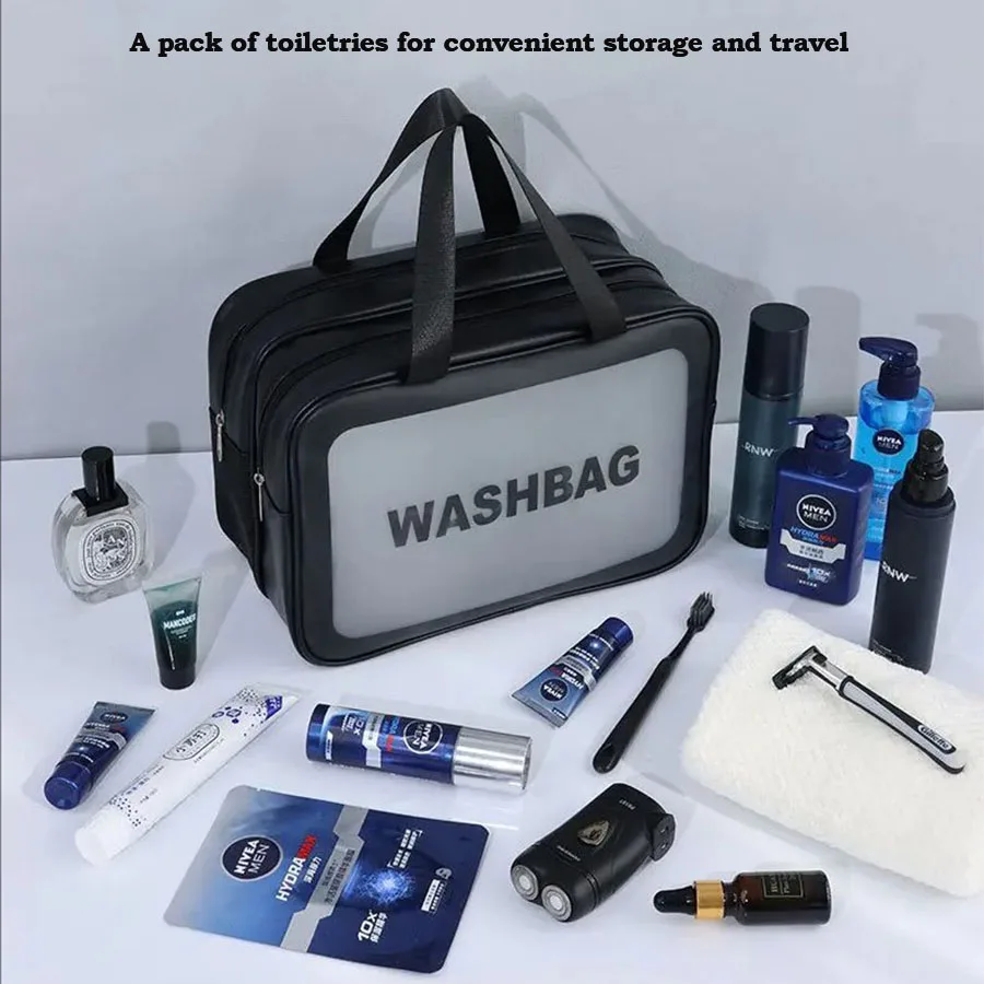 Doppelt transparente PU-Kosmetiktasche mit Trocken-Nass-Trennung, tragbare Kosmetik-Aufbewahrungstasche für Reisen, Fitness und Schwimmen – Detail 3