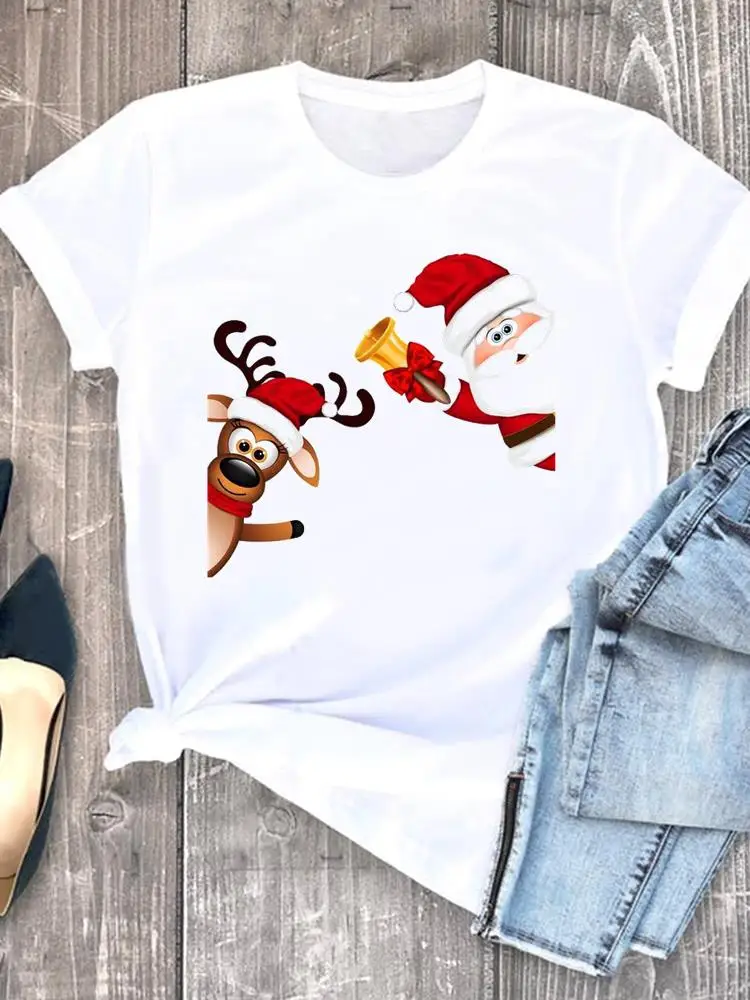 Cartoon Sweet Trend Style Prints O-neck New Year Graphic T-shirt Christmas Women Clothes Fashion Lady Casual Female Shirt Tee