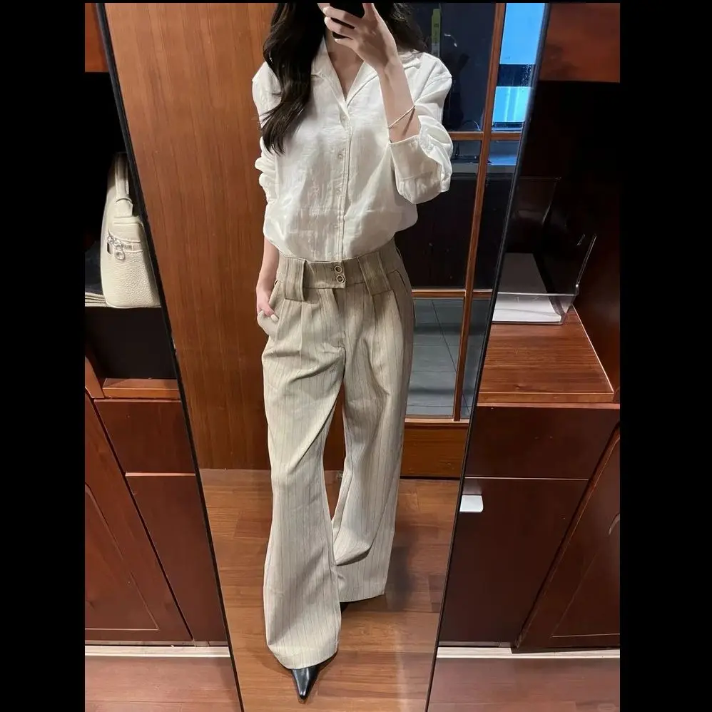 Old Money Style Striped Pleated Straight A-line Silhouette with Slightly Wide Drape for Men and Women Commuting Trousers