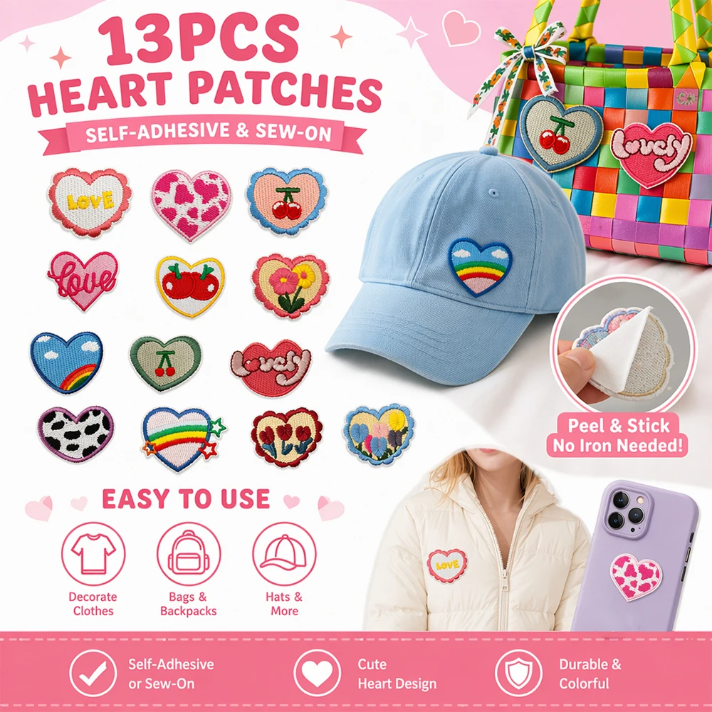 13PCS Self-Adhesive Heart Embroidered Patches, Cute Patterns Stick-On Sew-On Patches for Clothing, Peel and Stick Embellishments