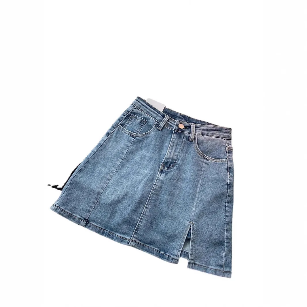 Spicy Girl High Waist A-Line Mini Skirt with Slit for Women Spring Summer Large Size Retro Bodycon Versatile Denim Skirt