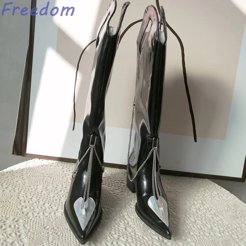 Cool sweet fashion boots for women in autumn new style pointed toe thick heel metal chain decorated versatile sleeve boots